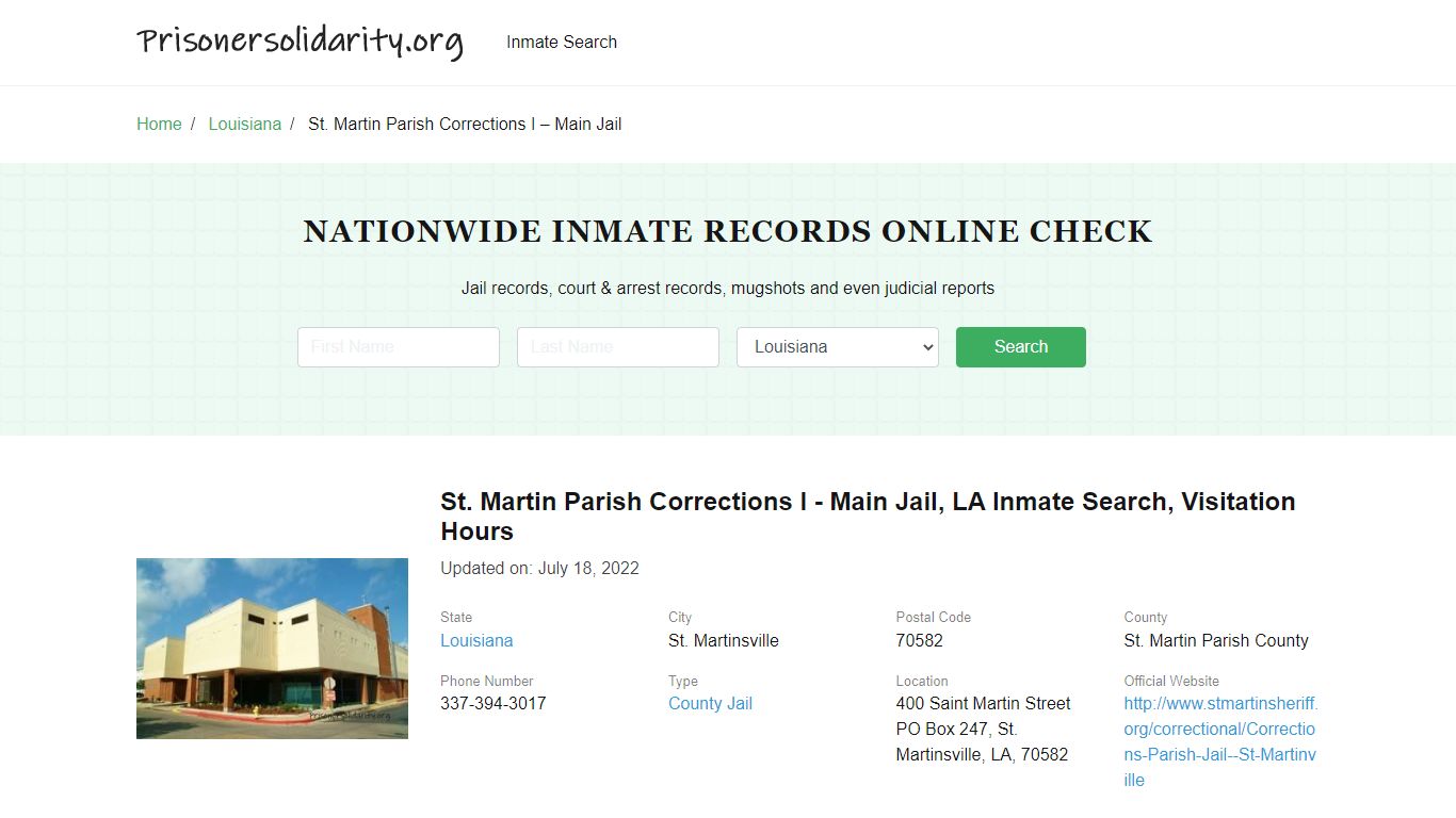 St. Martin Parish Corrections I - Main Jail, LA Inmate Search ...